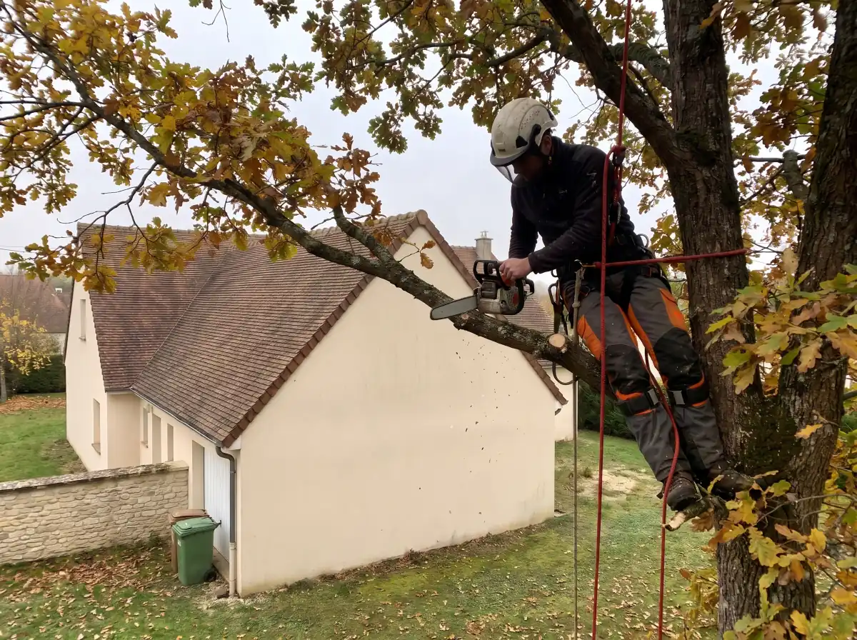 Élagueur-grimpeur encordé au travail dans un chêne