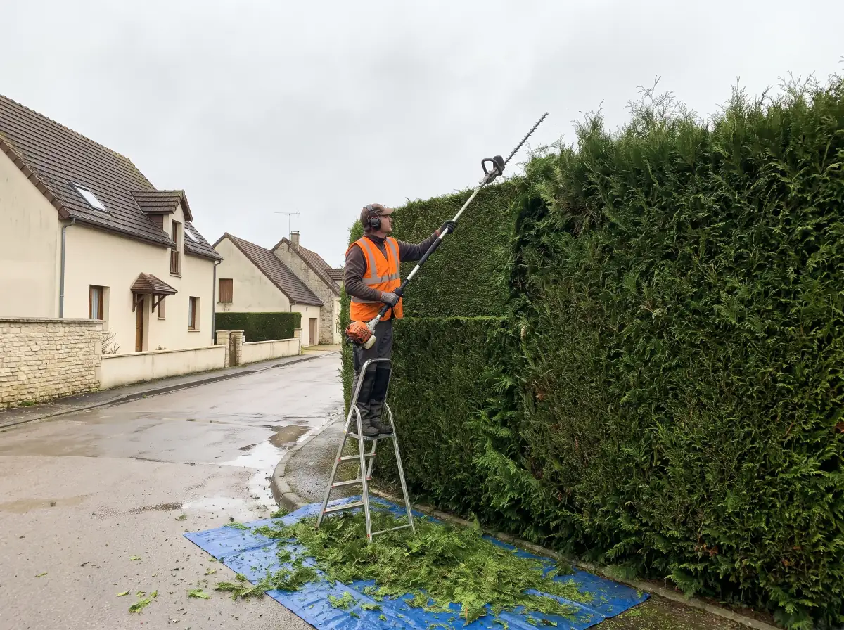 Taille d'une haie de thuyas au taille-haie sur perche